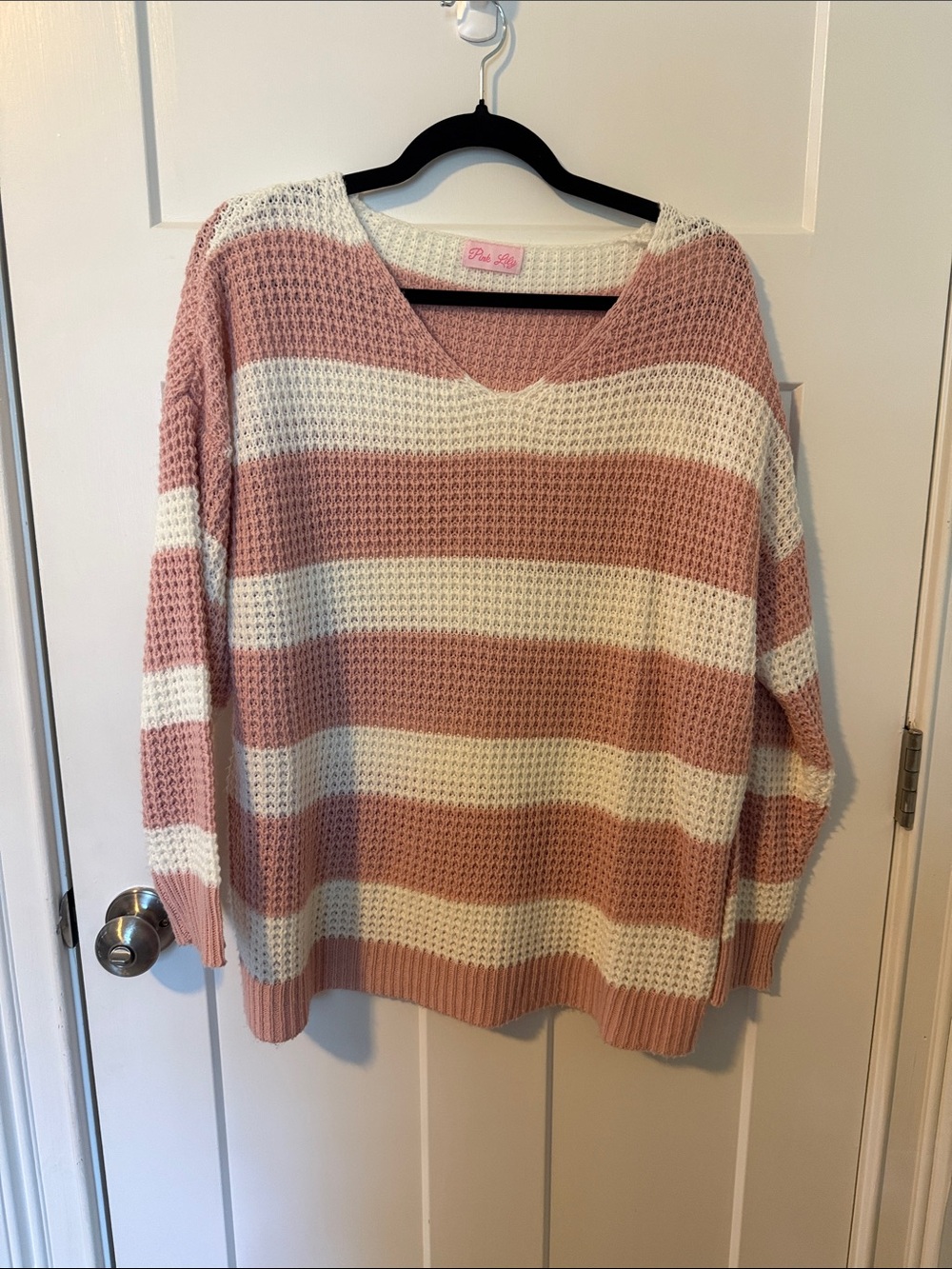 Pink Lily Rose Pink & Cream Striped V-Neck Sweater